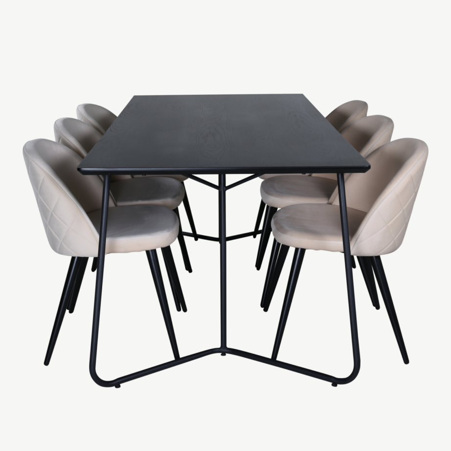Söögilauakomplekt Petra – must MDF laud ja 6 beeži velvetkangaga tooli, GR22104