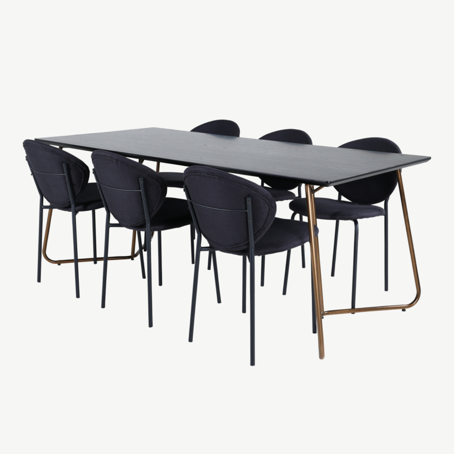 Petra söögilaud (190×90 cm) ja 6 musta tooli, vasksete jalgadega, GR22112