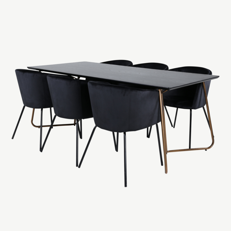 Söögilauakomplekt Petra (must lauaplaat, vasksed jalad, 6 sametist Berit tooli) - GR22113