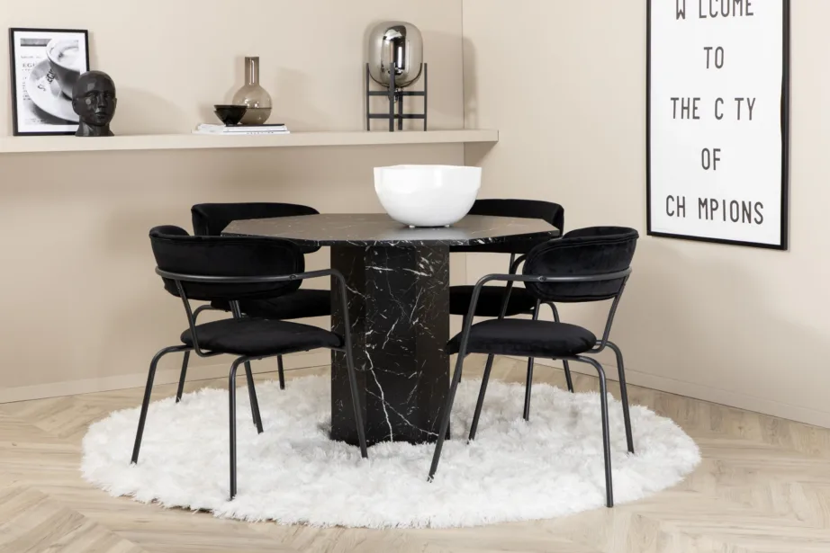 Kaheksanurkne söögilaud Marbs (must marmormustriga klaas, ø110 cm) ja sametist Arrow söögitool, GR22118 – 5