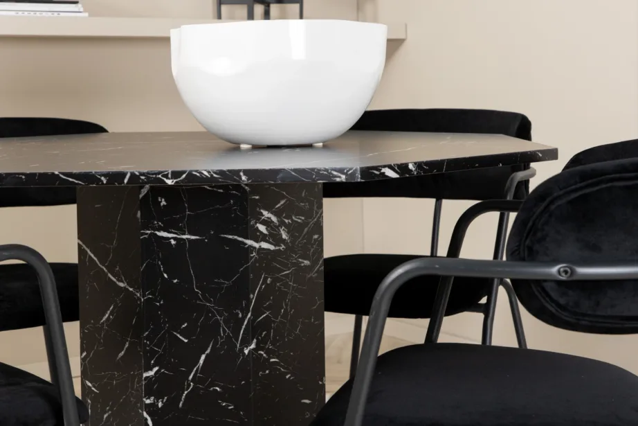 Kaheksanurkne söögilaud Marbs (must marmormustriga klaas, ø110 cm) ja sametist Arrow söögitool, GR22118 – 7