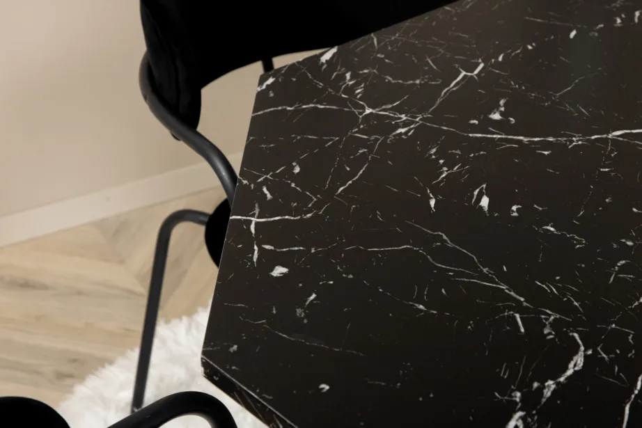 Kaheksanurkne söögilaud Marbs (must marmormustriga klaas, ø110 cm) ja sametist Arrow söögitool, GR22118 – 9