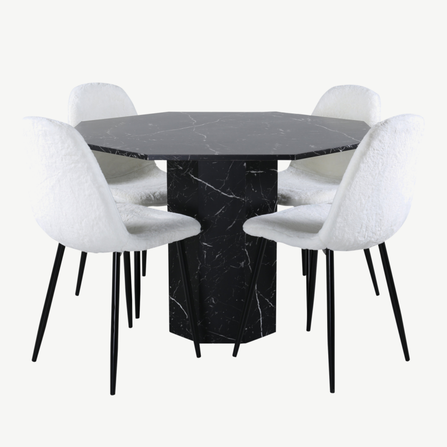 Must marmorglasuuriga söögilaud Marbs ja 4 valget Polar tooli, GR22122