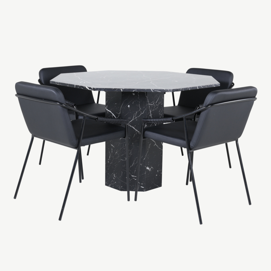 Must marmormustriga ümmargune söögilaud Marbs ja 4 musta kunstnahast tooli, GR22123