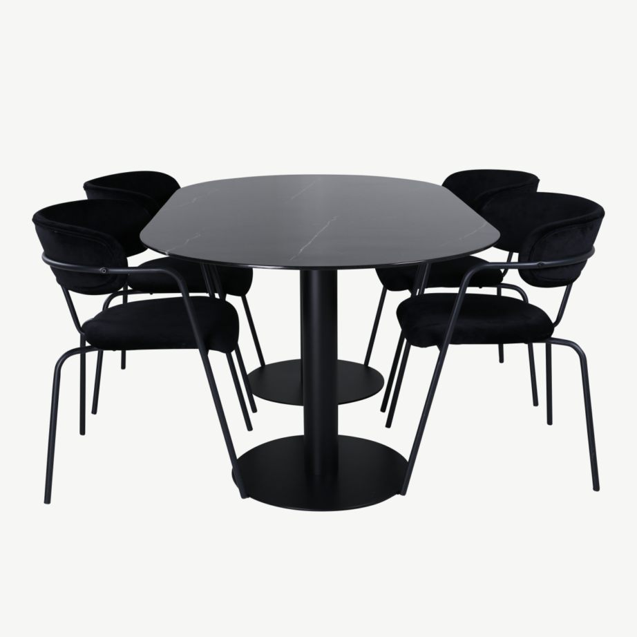 Ovaalne söögilaud Pillan musta klaaspinnaga ja 4 musta sametkattega tooli, GR22125