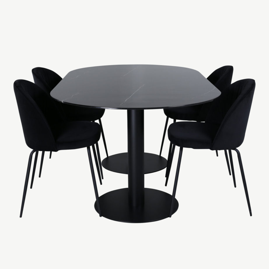 Ovaalne söögilauakomplekt Pillan (musta klaasiga laud, mustad samettoolid), GR22128 – 2
