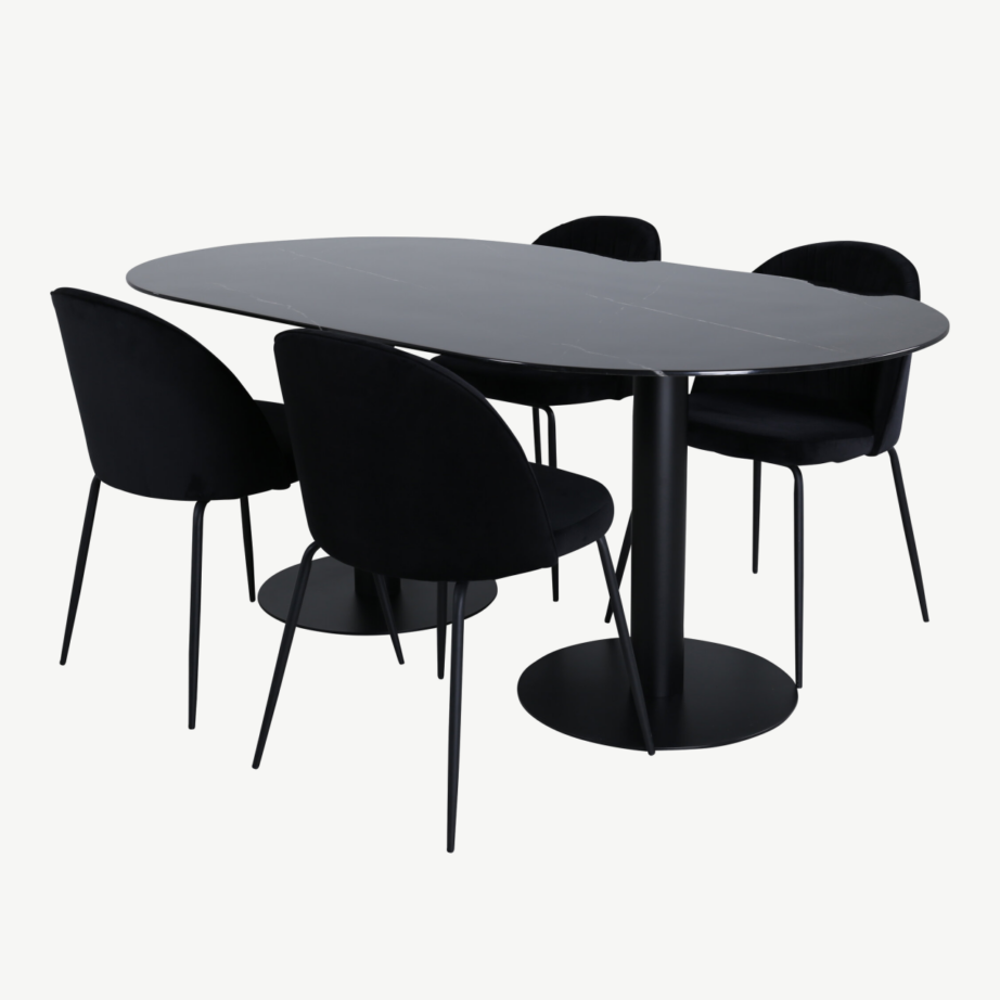 Ovaalne söögilauakomplekt Pillan (musta klaasiga laud, mustad samettoolid), GR22128