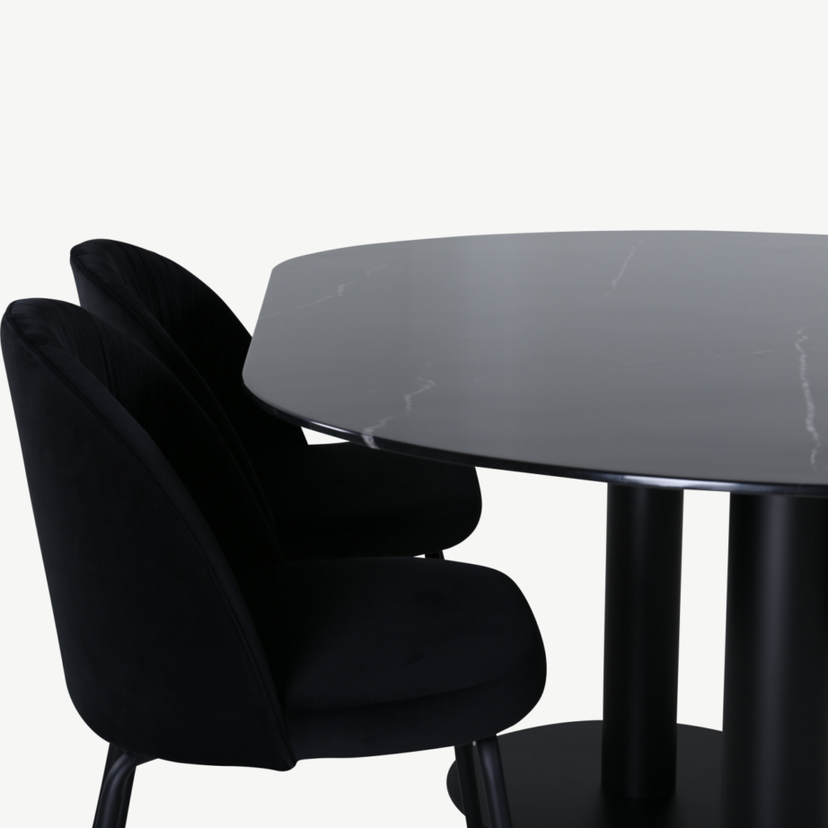 Ovaalne söögilauakomplekt Pillan (musta klaasiga laud, mustad samettoolid), GR22128 – 6