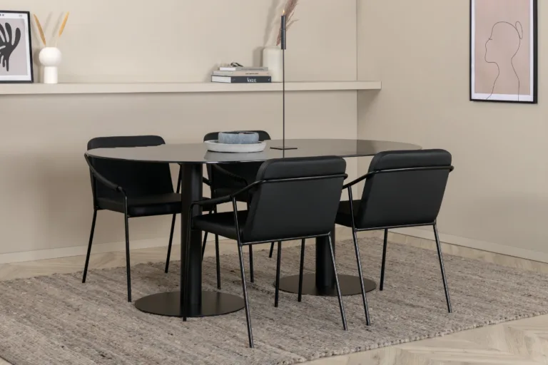 Ovaalne söögilauakomplekt Pillan (must klaas, 4 musta PU tooli) - GR22130