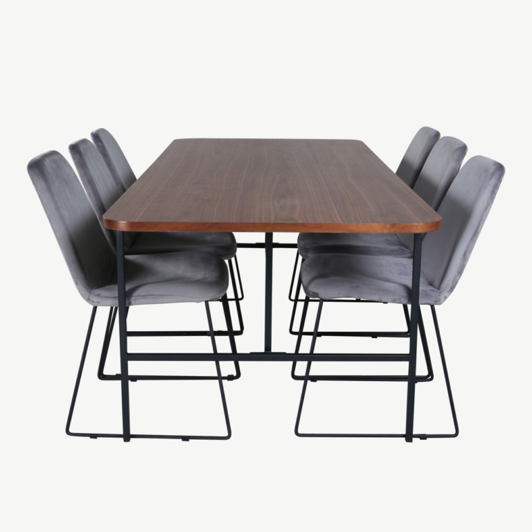 Ristkülikukujuline söögilaud Uno (pähkliviimistlus, must metallraam) ja Muce toolid (hall velvet, mustad jalad) – komplekt 6 tooliga - GR22153