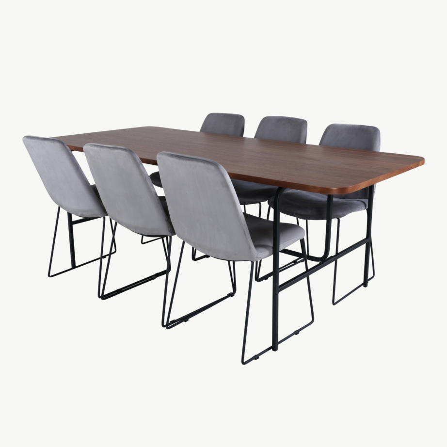 Ristkülikukujuline söögilaud Uno (pähkliviimistlus, must metallraam) ja Muce toolid (hall velvet, mustad jalad) – komplekt 6 tooliga, GR22153 – 2