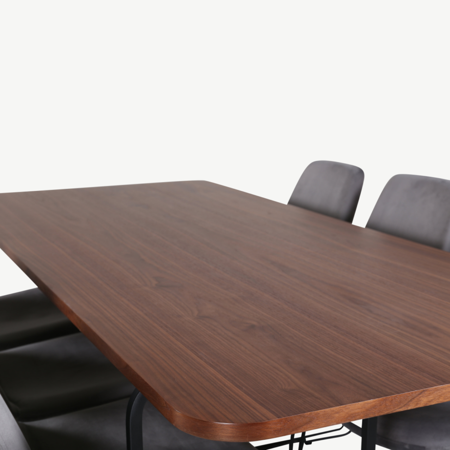 Ristkülikukujuline söögilaud Uno (pähkliviimistlus, must metallraam) ja Muce toolid (hall velvet, mustad jalad) – komplekt 6 tooliga, GR22153 – 3