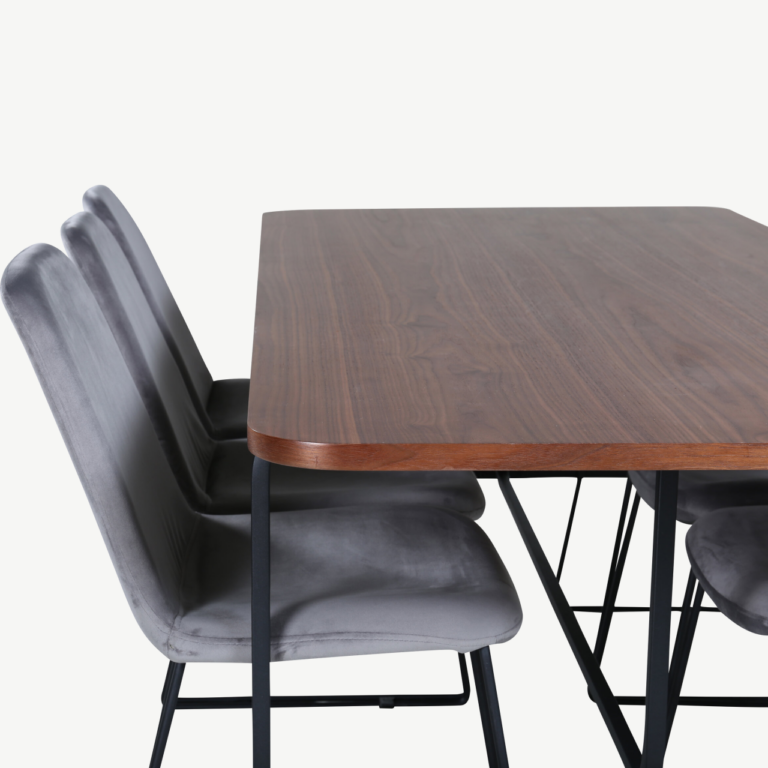 Ristkülikukujuline söögilaud Uno (pähkliviimistlus, must metallraam) ja Muce toolid (hall velvet, mustad jalad) – komplekt 6 tooliga - GR22153