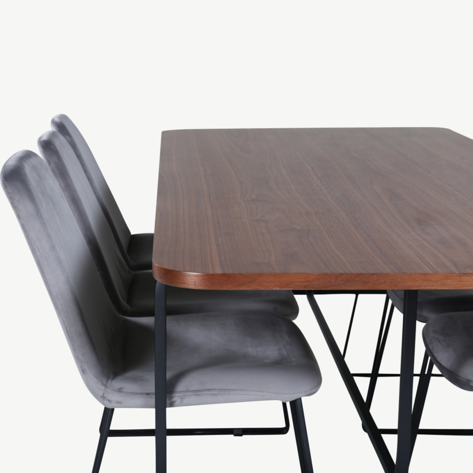 Ristkülikukujuline söögilaud Uno (pähkliviimistlus, must metallraam) ja Muce toolid (hall velvet, mustad jalad) – komplekt 6 tooliga, GR22153 – 4