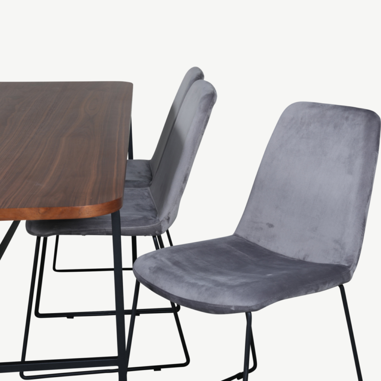 Ristkülikukujuline söögilaud Uno (pähkliviimistlus, must metallraam) ja Muce toolid (hall velvet, mustad jalad) – komplekt 6 tooliga - GR22153