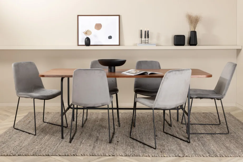 Ristkülikukujuline söögilaud Uno (pähkliviimistlus, must metallraam) ja Muce toolid (hall velvet, mustad jalad) – komplekt 6 tooliga, GR22153 – 6