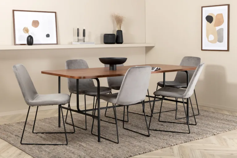 Ristkülikukujuline söögilaud Uno (pähkliviimistlus, must metallraam) ja Muce toolid (hall velvet, mustad jalad) – komplekt 6 tooliga - GR22153