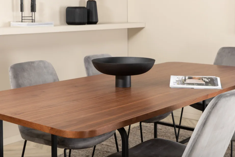 Ristkülikukujuline söögilaud Uno (pähkliviimistlus, must metallraam) ja Muce toolid (hall velvet, mustad jalad) – komplekt 6 tooliga, GR22153 – 8