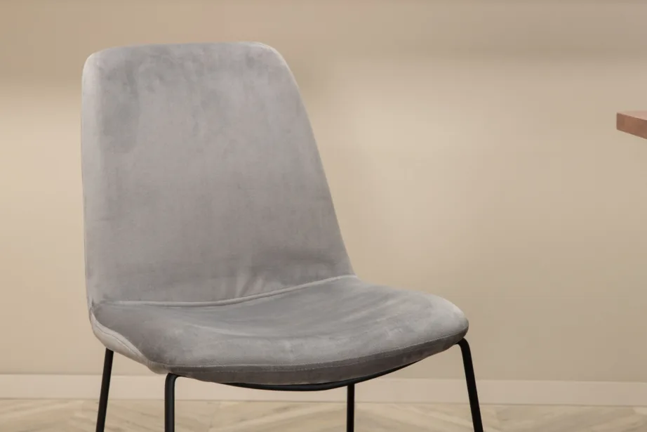 Ristkülikukujuline söögilaud Uno (pähkliviimistlus, must metallraam) ja Muce toolid (hall velvet, mustad jalad) – komplekt 6 tooliga, GR22153 – 10