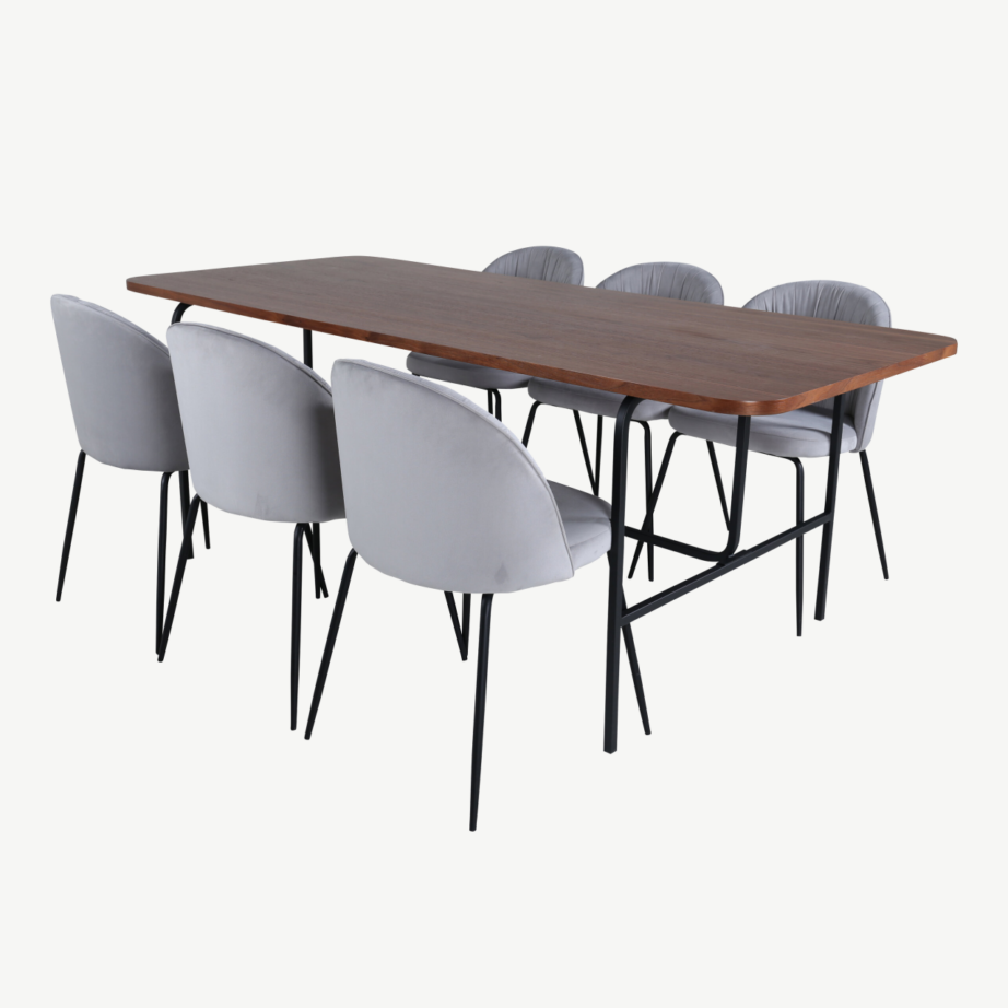 Ristkülikukujuline söögikomplekt Uno – pähklispoon laud ja hallid velvetist toolid, GR22154 – 2