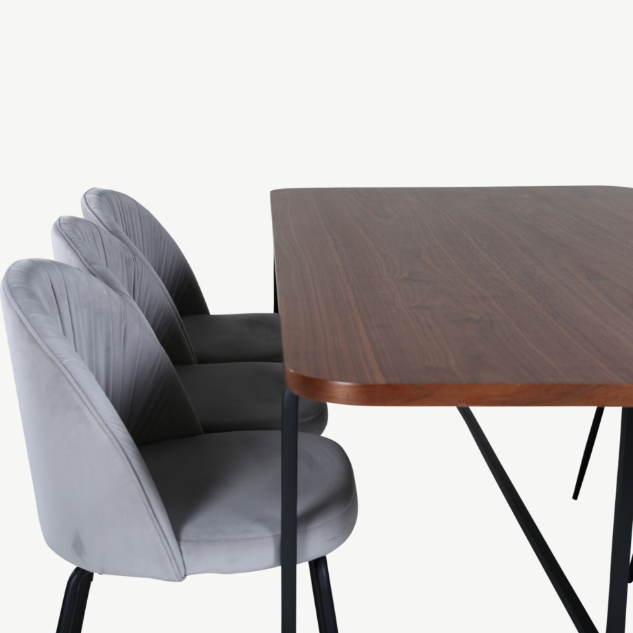 Ristkülikukujuline söögikomplekt Uno – pähklispoon laud ja hallid velvetist toolid, GR22154 – 4