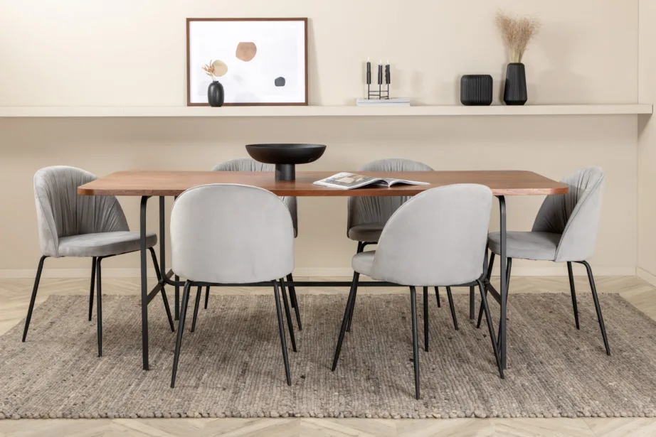 Ristkülikukujuline söögikomplekt Uno – pähklispoon laud ja hallid velvetist toolid, GR22154 – 6