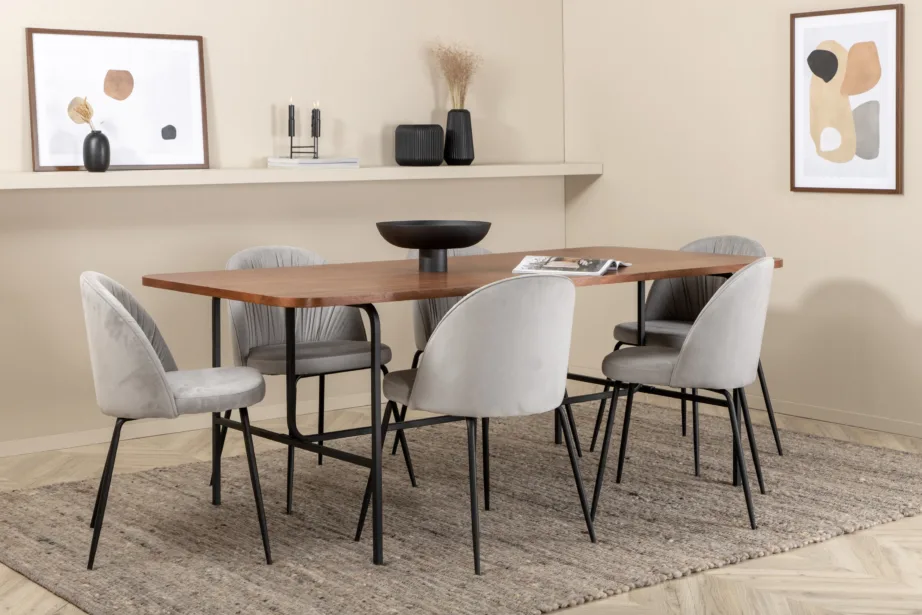 Ristkülikukujuline söögikomplekt Uno – pähklispoon laud ja hallid velvetist toolid, GR22154 – 7