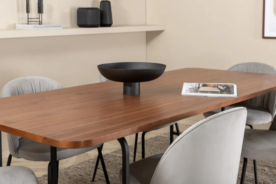 Ristkülikukujuline söögikomplekt Uno – pähklispoon laud ja hallid velvetist toolid, GR22154 – 8