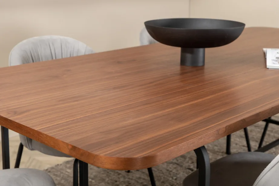 Ristkülikukujuline söögikomplekt Uno – pähklispoon laud ja hallid velvetist toolid, GR22154 – 9