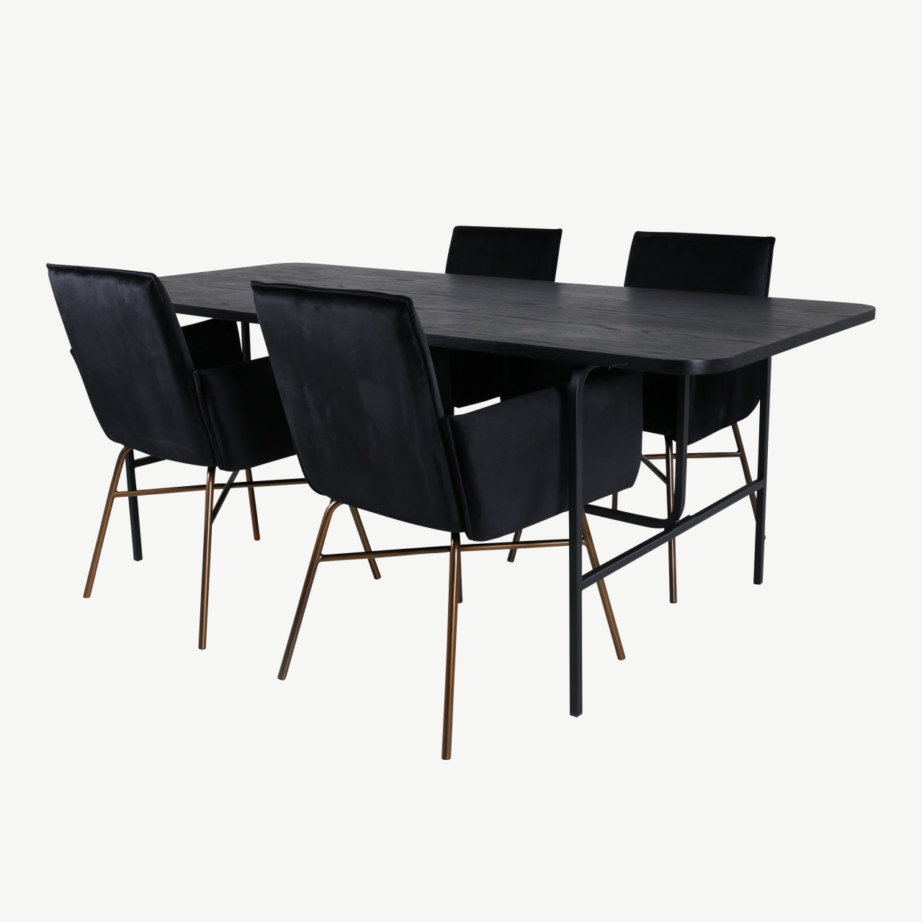 Must ristkülikukujuline söögitoakomplekt Uno lauaga ja nelja pehme sametist Petra tooliga, GR22156 – 2