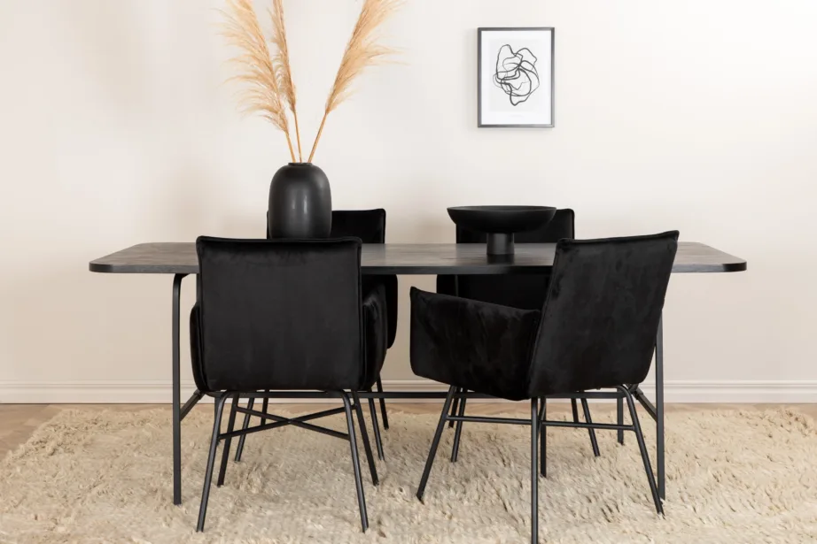 Must ristkülikukujuline söögitoakomplekt Uno lauaga ja nelja pehme sametist Petra tooliga, GR22156 – 5