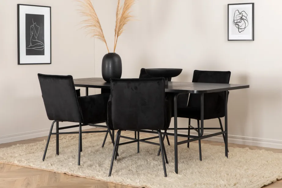 Must ristkülikukujuline söögitoakomplekt Uno lauaga ja nelja pehme sametist Petra tooliga, GR22156 – 6