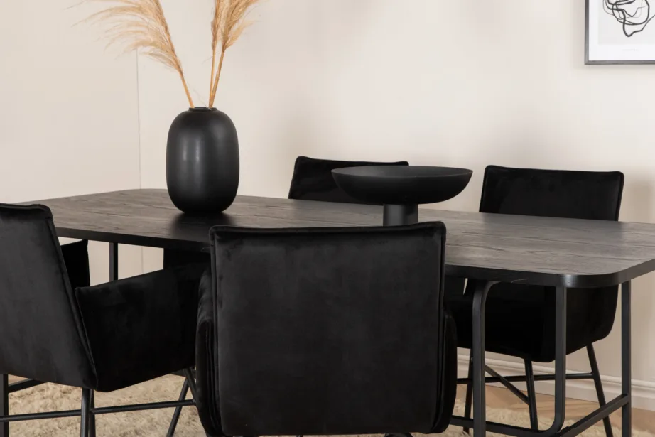 Must ristkülikukujuline söögitoakomplekt Uno lauaga ja nelja pehme sametist Petra tooliga, GR22156 – 9