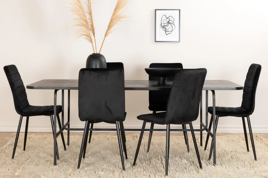 Uno ristkülikukujuline söögilaud ja kuus musta sametist Windu tooli, GR22157 – 5