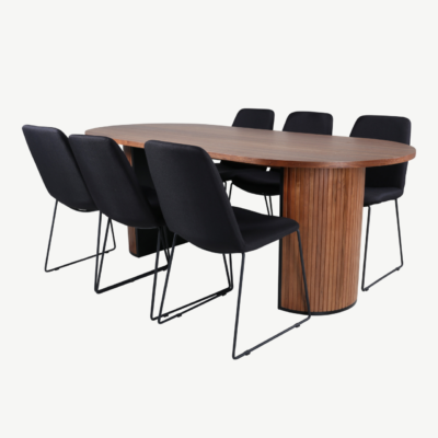 Ovaalne söögilaud Bianca (pähklivineer, 200x90cm) ja musta polsterdusega Muce tool - GR22187