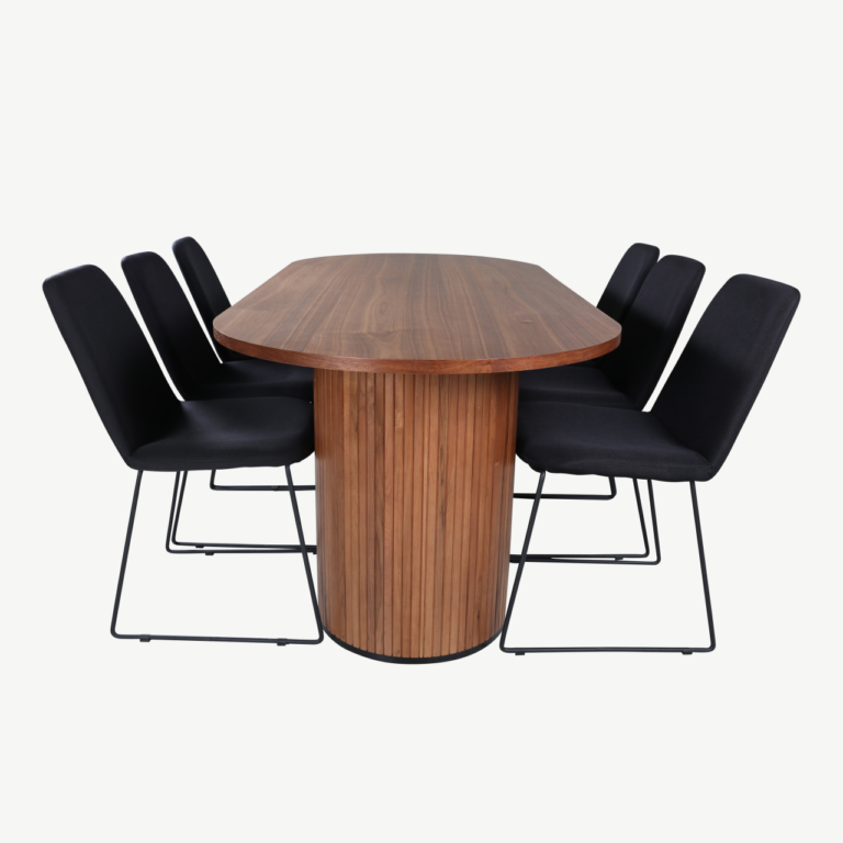 Ovaalne söögilaud Bianca (pähklivineer, 200x90cm) ja musta polsterdusega Muce tool - GR22187