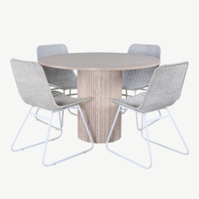 Ümmargune söögilaud Bianca valge peitsiga, 110cm + rotangist tool - GR22212