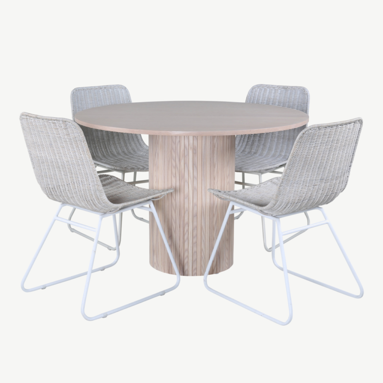 Ümmargune söögilaud Bianca valge peitsiga, 110cm + rotangist tool - GR22212