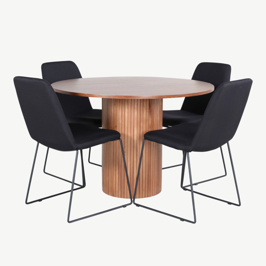 Ümmargune söögilaud Bianca (pähklispoon, ø110cm) ja mustad Muce söögitoolid, GR22217 – 2