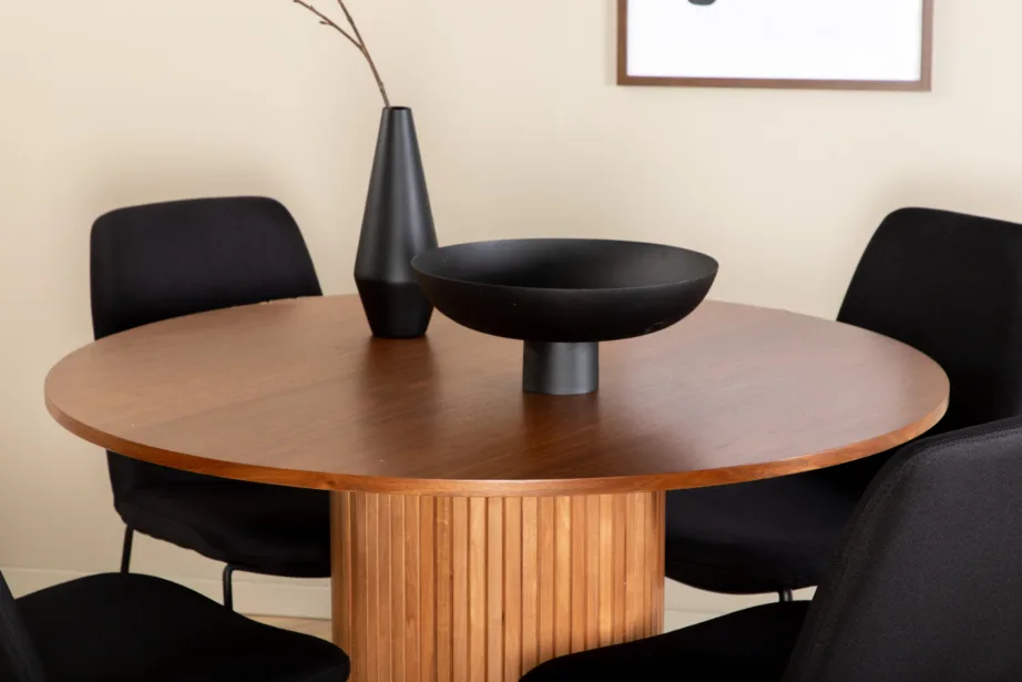 Ümmargune söögilaud Bianca (pähklispoon, ø110cm) ja mustad Muce söögitoolid, GR22217 – 6