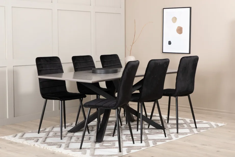Hall ristkülikukujuline söögilaud Piazza ja mustad sametist Windu toolid, GR22267 – 6