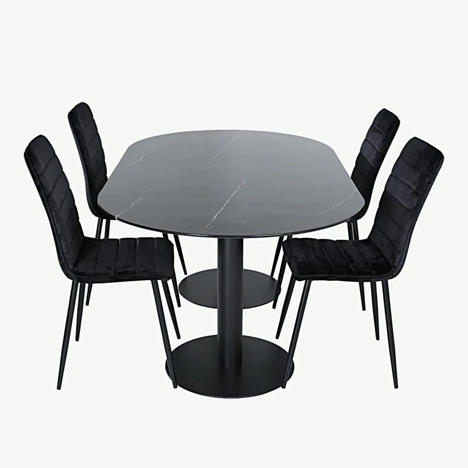 Pillani ovaalne söögilauakomplekt musta klaasplaadi ja samettoolidega, GR22372 – 2