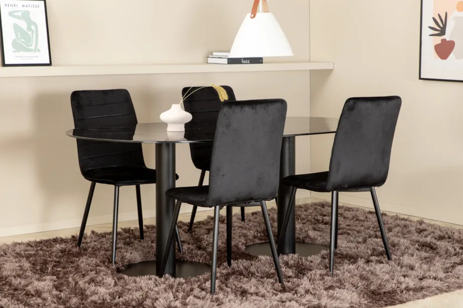 Pillani ovaalne söögilauakomplekt musta klaasplaadi ja samettoolidega, GR22372 – 5