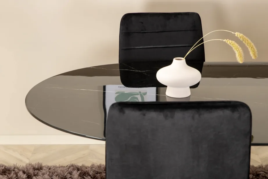 Pillani ovaalne söögilauakomplekt musta klaasplaadi ja samettoolidega, GR22372 – 8