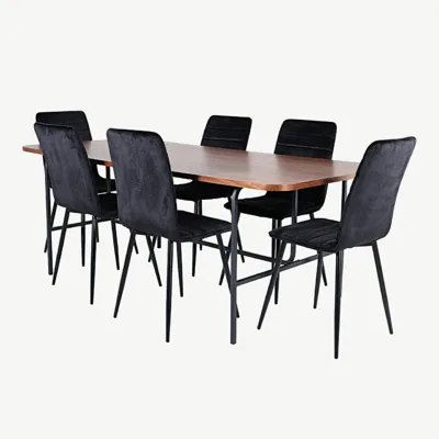 Pähklivineerist ristkülikukujuline söögilaud Uno (200x90 cm) koos musta sametkattega söögitoolidega Windu - GR22402