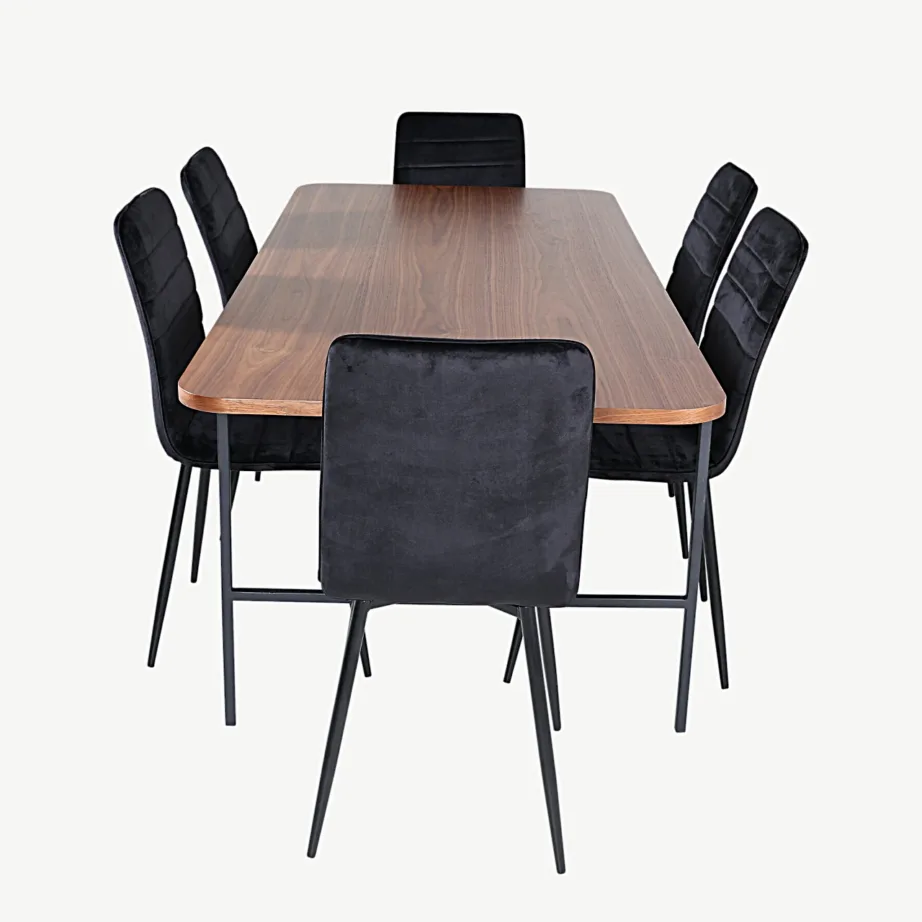 Pähklivineerist ristkülikukujuline söögilaud Uno (200×90 cm) koos musta sametkattega söögitoolidega Windu, GR22402 – 2