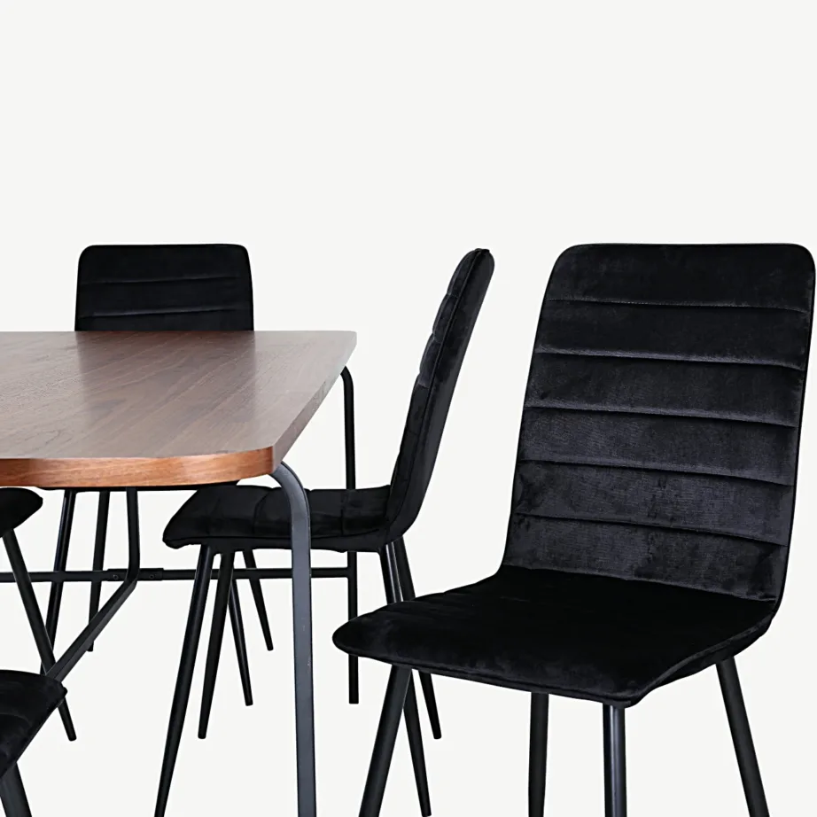 Pähklivineerist ristkülikukujuline söögilaud Uno (200×90 cm) koos musta sametkattega söögitoolidega Windu, GR22402 – 3