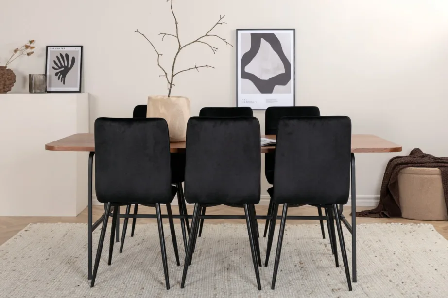 Pähklivineerist ristkülikukujuline söögilaud Uno (200×90 cm) koos musta sametkattega söögitoolidega Windu, GR22402 – 4