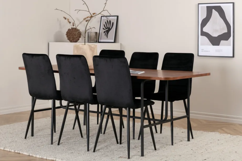 Pähklivineerist ristkülikukujuline söögilaud Uno (200×90 cm) koos musta sametkattega söögitoolidega Windu, GR22402 – 5