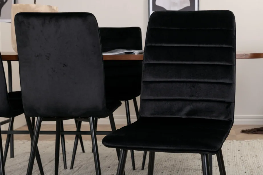 Pähklivineerist ristkülikukujuline söögilaud Uno (200×90 cm) koos musta sametkattega söögitoolidega Windu, GR22402 – 7